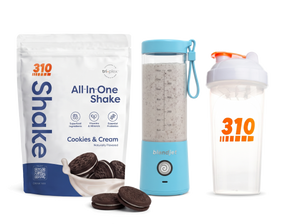 310 Blend & Go — Cookies & Cream All-In-One Shake, BlendJet 2 in Sky Blue, and 310 shaker cup
