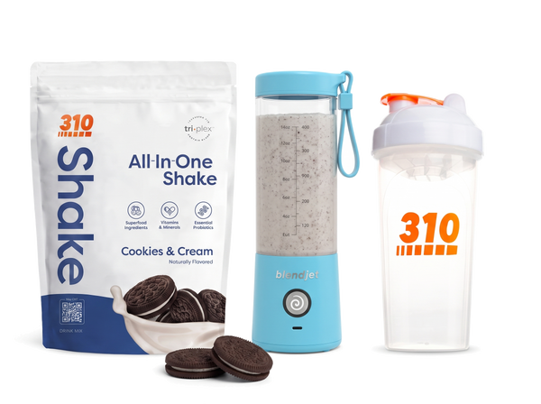 310 Blend & Go — Cookies & Cream All-In-One Shake, BlendJet 2 in Sky Blue, and 310 shaker cup