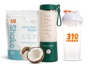 310 Blend & Go — Tropical Coconut All-In-One Shake, BlendJet 2 in Emerald, and 310 shaker cup