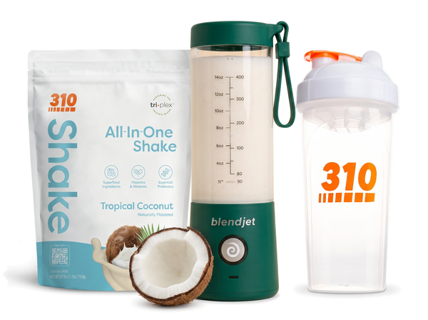 310 Blend & Go — Tropical Coconut All-In-One Shake, BlendJet 2 in Emerald, and 310 shaker cup