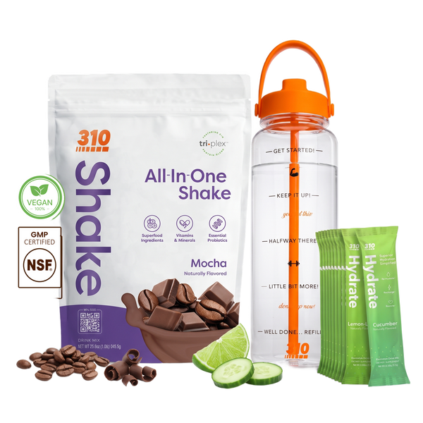 310 Hydration Bundle — Mocha All-In-One Shake, 14 Hydrate electrolyte sticks & 40oz water tracker bottle