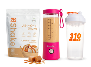 310 Blend & Go — Caramel Sundae All-In-One Shake, BlendJet 2 in Hot Pink, and 310 shaker cup