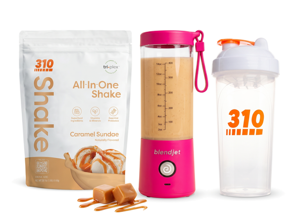 310 Blend & Go — Caramel Sundae All-In-One Shake, BlendJet 2 in Hot Pink, and 310 shaker cup
