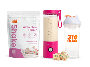 310 Blend & Go — Vanilla Cake All-In-One Shake, BlendJet 2 in Hot Pink, and 310 shaker cup