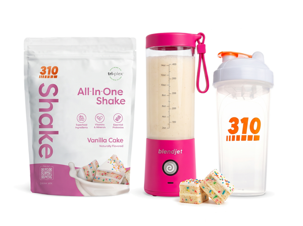 310 Blend & Go — Vanilla Cake All-In-One Shake, BlendJet 2 in Hot Pink, and 310 shaker cup