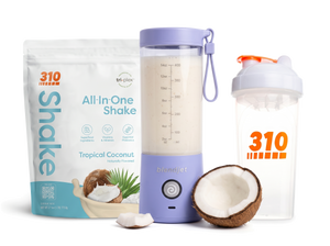 310 Blend & Go — Tropical Coconut All-In-One Shake, BlendJet 2 in Periwinkle, and 310 shaker cup