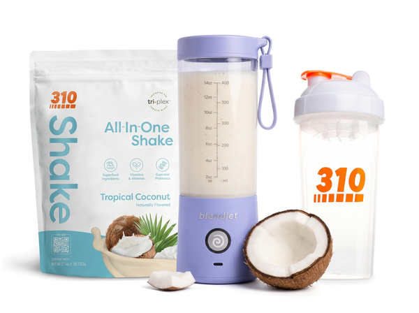 310 Blend & Go — Tropical Coconut All-In-One Shake, BlendJet 2 in Periwinkle, and 310 shaker cup