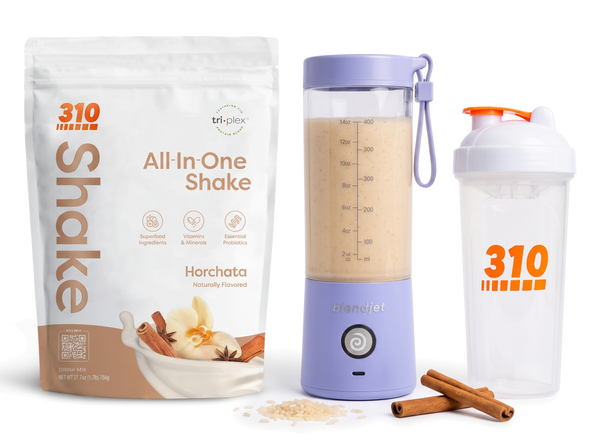 310 Blend & Go — Horchata All-In-One Shake, BlendJet 2 in Periwinkle, and 310 shaker cup
