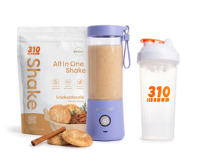 310 Blend & Go — Snickerdoodle All-In-One Shake, BlendJet 2 in Periwinkle, and 310 shaker cup
