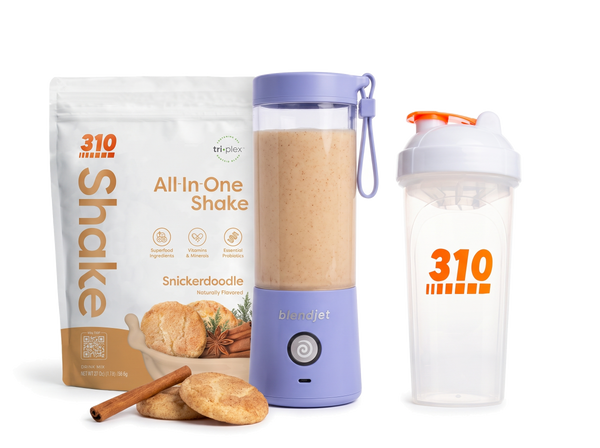 310 Blend & Go — Snickerdoodle All-In-One Shake, BlendJet 2 in Periwinkle, and 310 shaker cup
