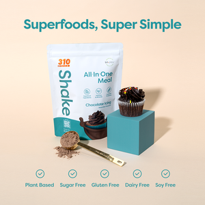 310 Chocolate Icing Shake pack with a chocolate cupcake and a scoop of protein powder
