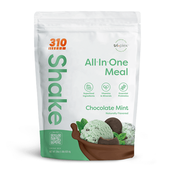 310 Chocolate Mint All-In-One Meal Shake with essential nutrients, superfoods, and probiotics.