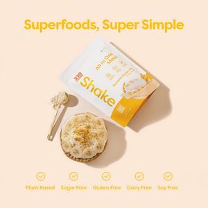 Flat lay photo of 310 Banana Cream Pie Shake, a pie and a scoop with Superfood, Super Simple text.