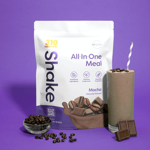 310 Mocha Shake, coffee beans and a glass of mocha shake