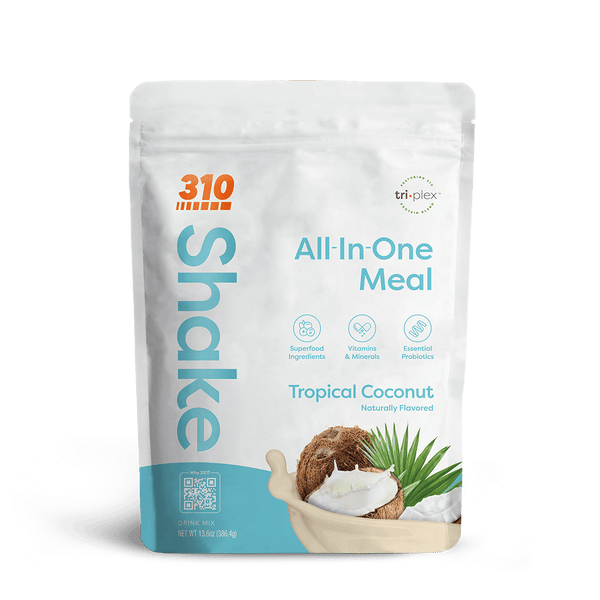 310 Tropical Coconut All-In-One Meal Shake with coconut flavor, superfoods, and essential nutrients.
