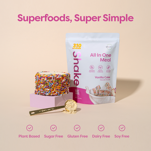 310 Vanilla Cake Shake, a sprinkled cake, a scoop of protein powder and icons of features