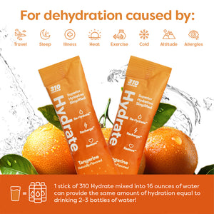 Hydrate benefits for dehydration with two 310 Tangerine hydrate sticks and oranges. 