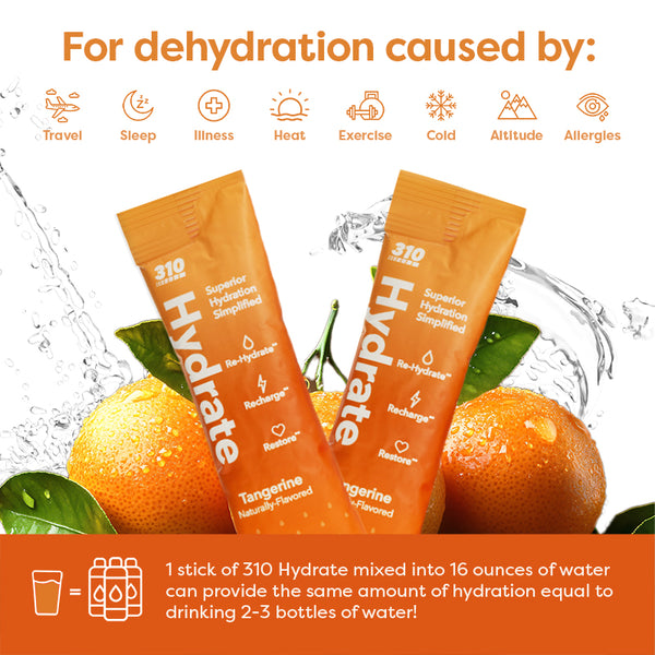 Hydrate benefits for dehydration with two 310 Tangerine hydrate sticks and oranges. 