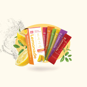 310 lemonade sticks in different flavors with fruit slices and splashing water.
