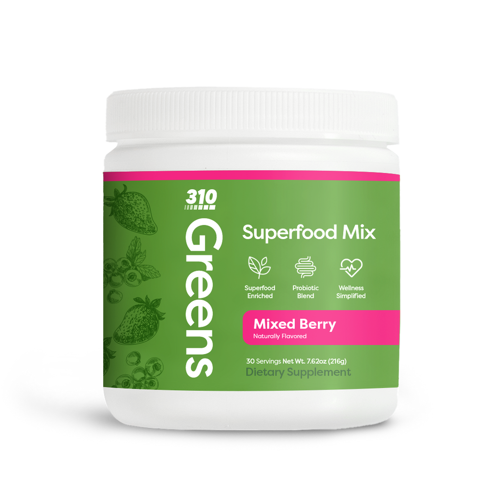 310 greens mixed berry superfood mix in 30 serving container.