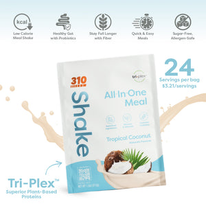 Tropical coconut tri-plex meal featuring the 24 servings per bag