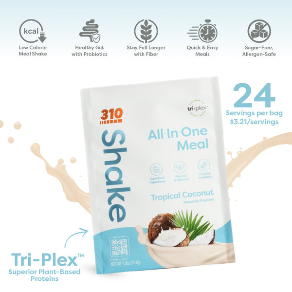 Tropical coconut tri-plex meal featuring the 24 servings per bag
