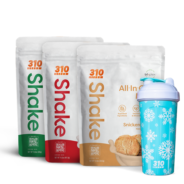 three 14 servings all-in-one shake with blue shaker cup