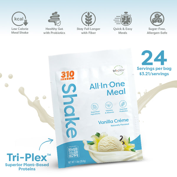 310 vanilla creme shake, a 24 serving per bag and its key features.