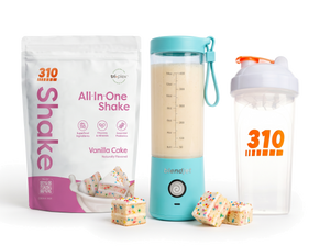 310 Blend & Go — Vanilla Cake All-In-One Shake, BlendJet 2 in Sky Blue, and 310 shaker cup