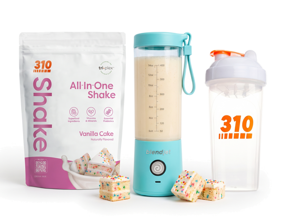 310 Blend & Go — Vanilla Cake All-In-One Shake, BlendJet 2 in Sky Blue, and 310 shaker cup