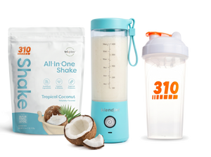 310 Blend & Go — Tropical Coconut All-In-One Shake, BlendJet 2 in Sky Blue, and 310 shaker cup