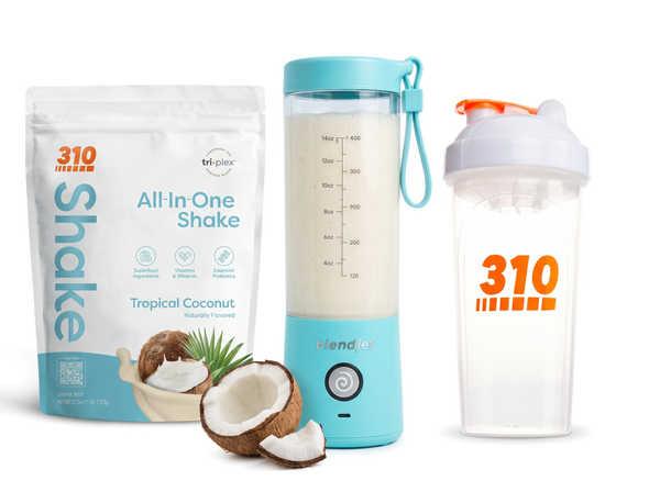 310 Blend & Go — Tropical Coconut All-In-One Shake, BlendJet 2 in Sky Blue, and 310 shaker cup
