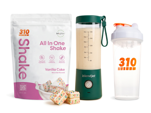 310 Blend & Go — Vanilla Cake All-In-One Shake, BlendJet 2 in Emerald, and 310 shaker cup