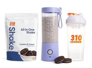 310 Blend & Go — Cookies & Cream All-In-One Shake, BlendJet 2 in Periwinkle, and 310 shaker cup