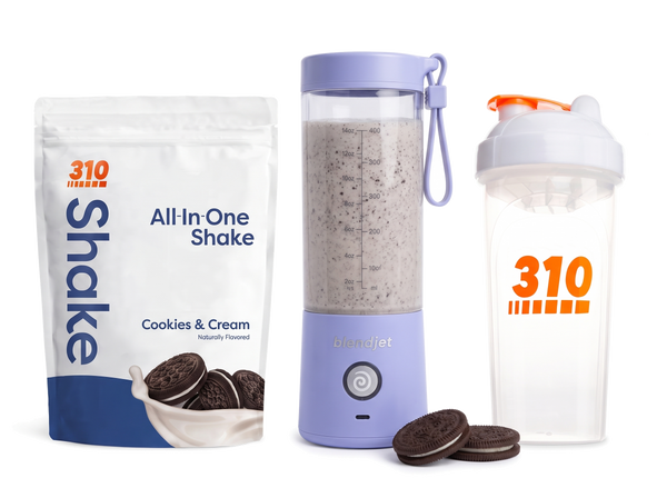 310 Blend & Go — Cookies & Cream All-In-One Shake, BlendJet 2 in Periwinkle, and 310 shaker cup