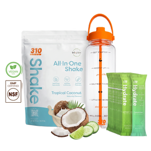 310 Hydration Bundle — Tropical Coconut All-In-One Shake, 14 Hydrate electrolyte sticks & 40oz water tracker bottle