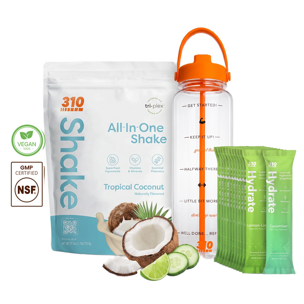310 Hydration Bundle — Tropical Coconut All-In-One Shake, 14 Hydrate electrolyte sticks & 40oz water tracker bottle