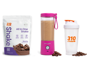 310 Blend & Go — Mocha All-In-One Shake, BlendJet 2 in Hot Pink, and 310 shaker cup