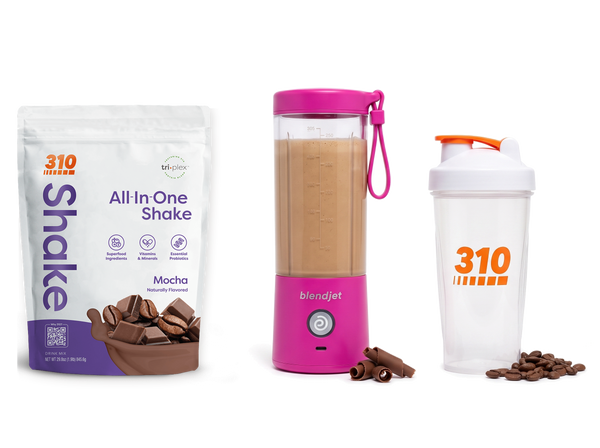 310 Blend & Go — Mocha All-In-One Shake, BlendJet 2 in Hot Pink, and 310 shaker cup