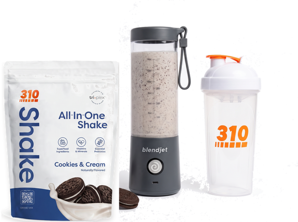 310 Blend & Go — Cookies & Cream All-In-One Shake, BlendJet 2 in Slate, and 310 shaker cup