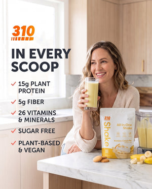 310 Shake Banana Cream Pie: in every scoop, 15g plant protein, 5g fiber, 26 vitamins and minerals, sugar free, plant-based and vegan