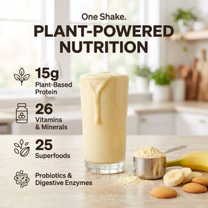 310 Shake Banana Cream Pie: one shake, plant-powered nutrition. 15g plant-based protein, 26 vitamins and minerals, 25 superfoods, probiotics and digestive enzymes