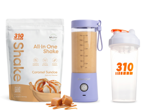 310 Blend & Go — Caramel Sundae All-In-One Shake, BlendJet 2 in Periwinkle, and 310 shaker cup