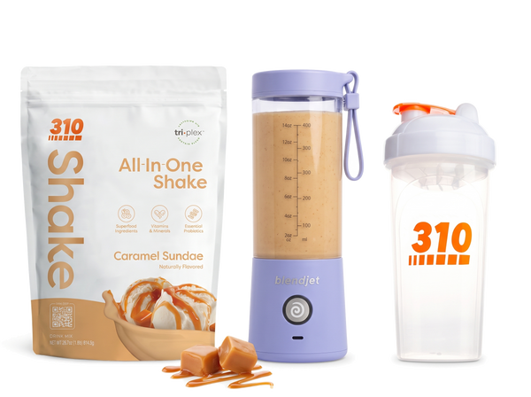 310 Blend & Go — Caramel Sundae All-In-One Shake, BlendJet 2 in Periwinkle, and 310 shaker cup