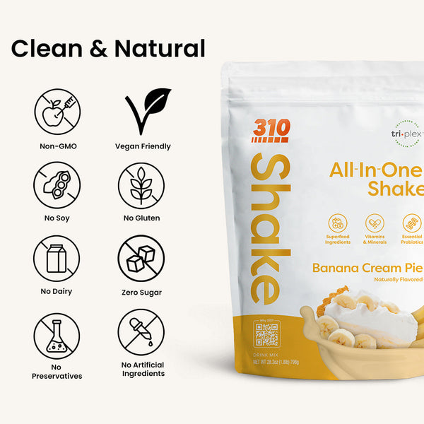 310 Shake Banana Cream Pie all-in-one shake pouch, clean and natural ingredients