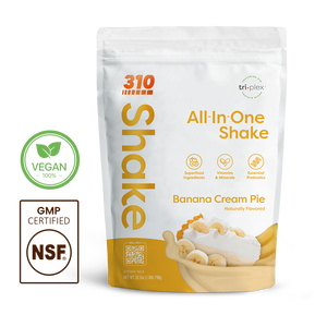 310 Shake Banana Cream Pie all-in-one shake pouch with 100% Vegan and NSF GMP Certified badges