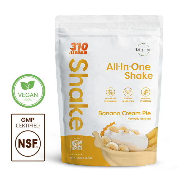 310 Shake Banana Cream Pie all-in-one shake pouch with 100% Vegan and NSF GMP Certified badges