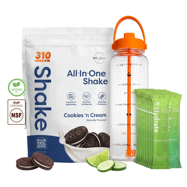 310 Hydration Bundle — Cookies 'n Cream All-In-One Shake, 14 Hydrate electrolyte sticks & 40oz water tracker bottle