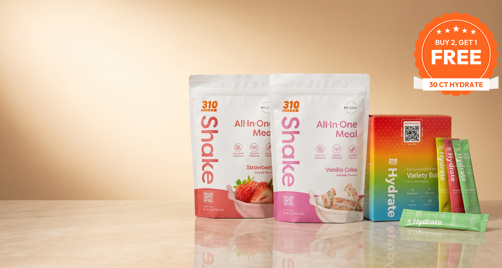 Buy 2 Shakes Get Hydrate Free — premium studio hero (desktop)