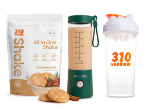 310 Blend & Go — Snickerdoodle All-In-One Shake, BlendJet 2 in Emerald, and 310 shaker cup